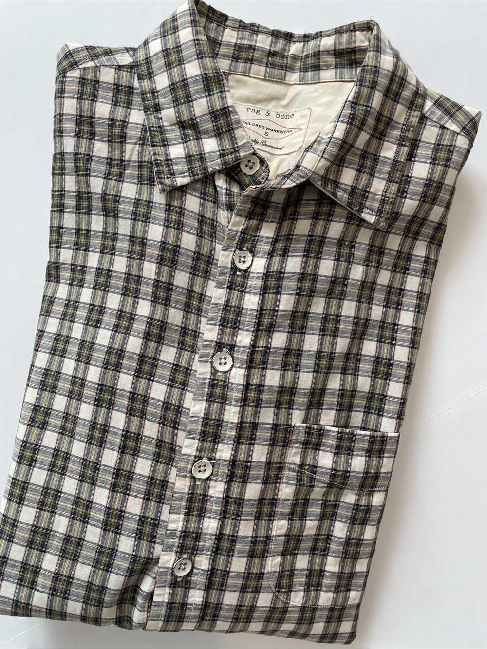 rag & bone Tailored Workwear Cream and Green Plaid Button-Down Shirt